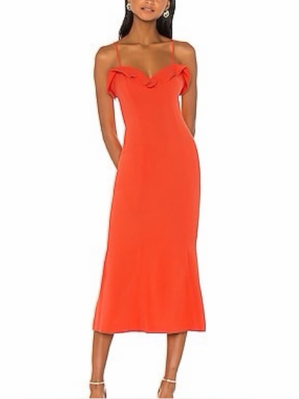 LIKELY Spaghetti Strap Ruffle Midi Dress in Orange
